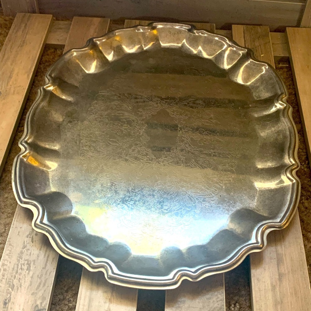 antique silver tray| metal serving plate| decor & accents| vintage floral tray